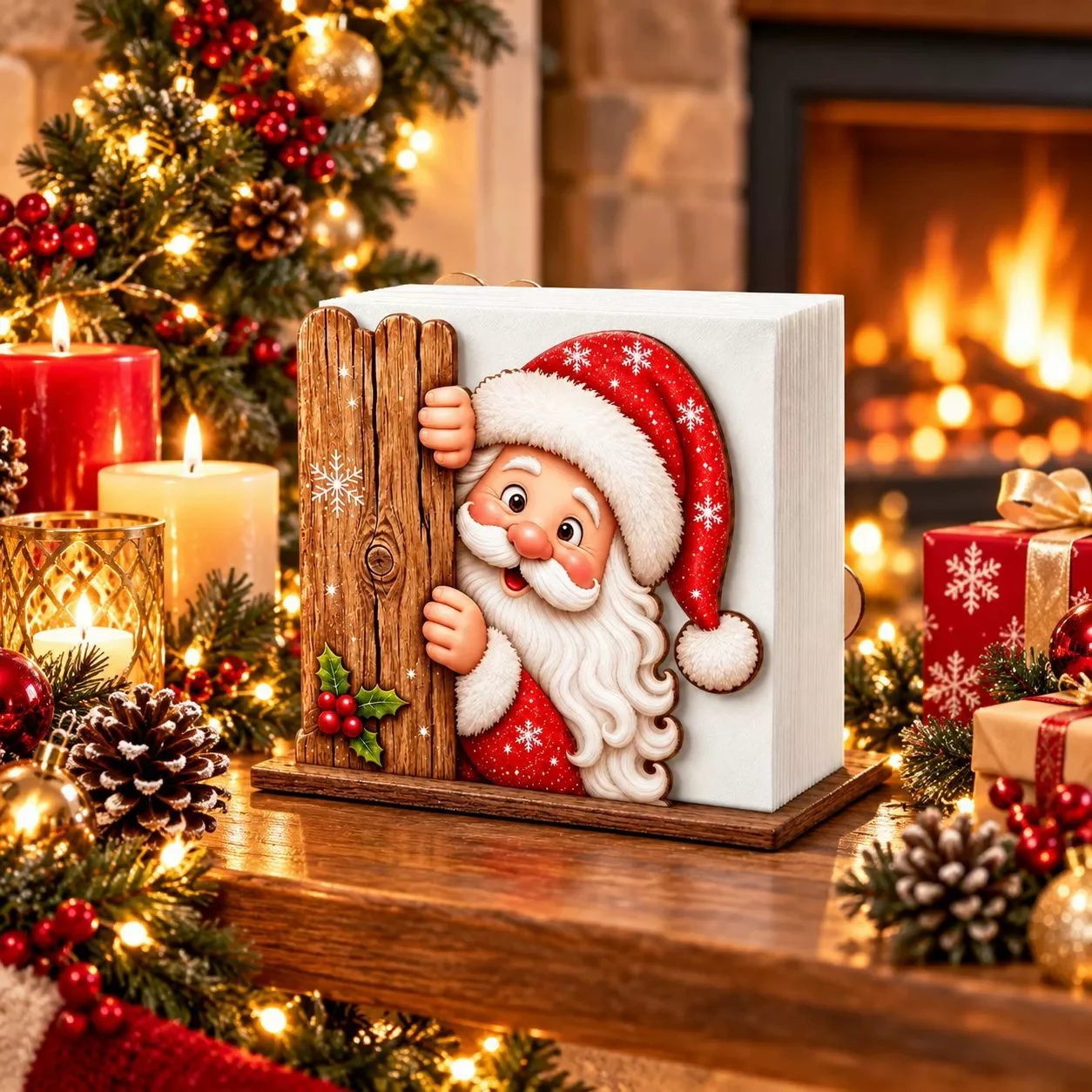 Peeking Santa Claus Wooden Napkin Holder Snowflake Holly Berry Decor, Xmas Kitchen Desktop Napkin Storage, Table Centerpiece