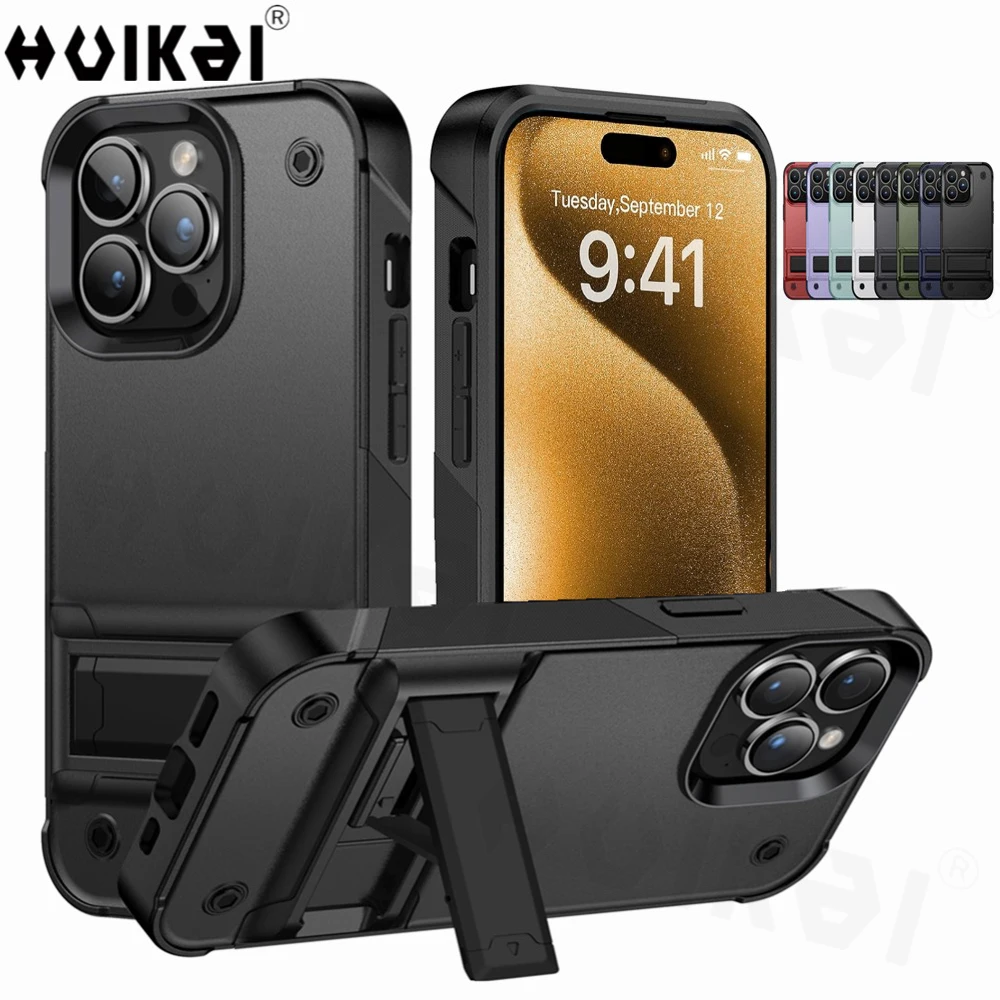 Slim Shockproof Case For iPhone 15 Pro Max 14 Plus 13 Pro 12 Pro Max XR XS Max X 8 7 Plus Metal Armor-Level Kickstand Stand Case