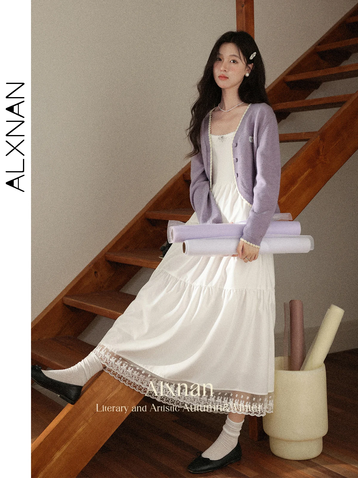 ALXNAN femmes robe sans manches blanc élégant dentelle Patchwork longue robe trapèze 2025 été coréen populaire vêtements femme L56803