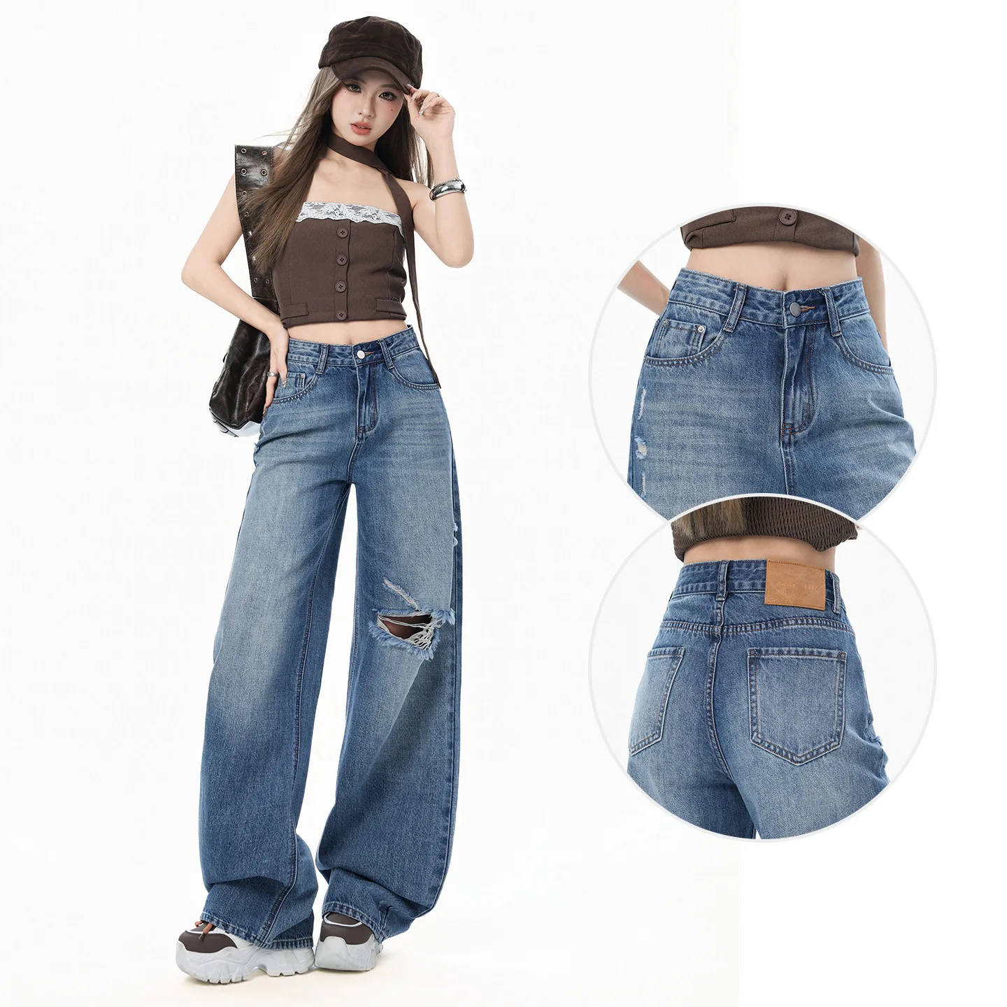 American Vintage Style Fashion Women's Wide Leg High Waist Casual Trendy Simple Denim Trousers Female Hole Patched Jeans Pants