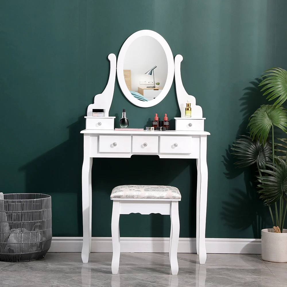 5 drawer ladies makeup dressing table with mirror and cushioned stool bedroom wooden dressing table