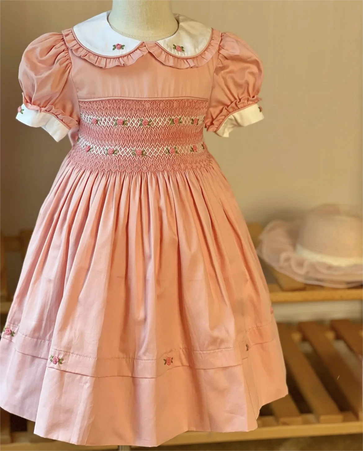 

0-12Y Baby Girl Summer Pink Flower Handmade Embroidery Smocked Pink Dress for Eid Birthday Party Holiday Photography Casual A38