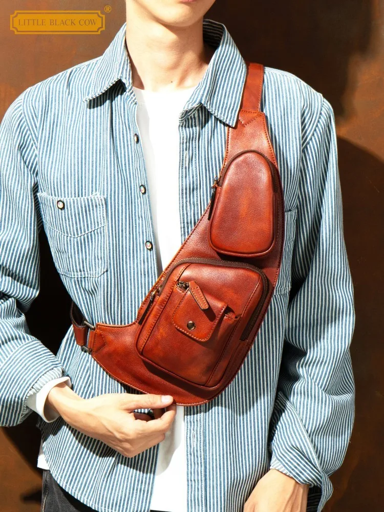 

Casual Mens Fashion Solid Color Multi Pockets Cowhide Genuine Leather Retro Travel Chest Bags Wide Strap Shoulder Crossbody Bag