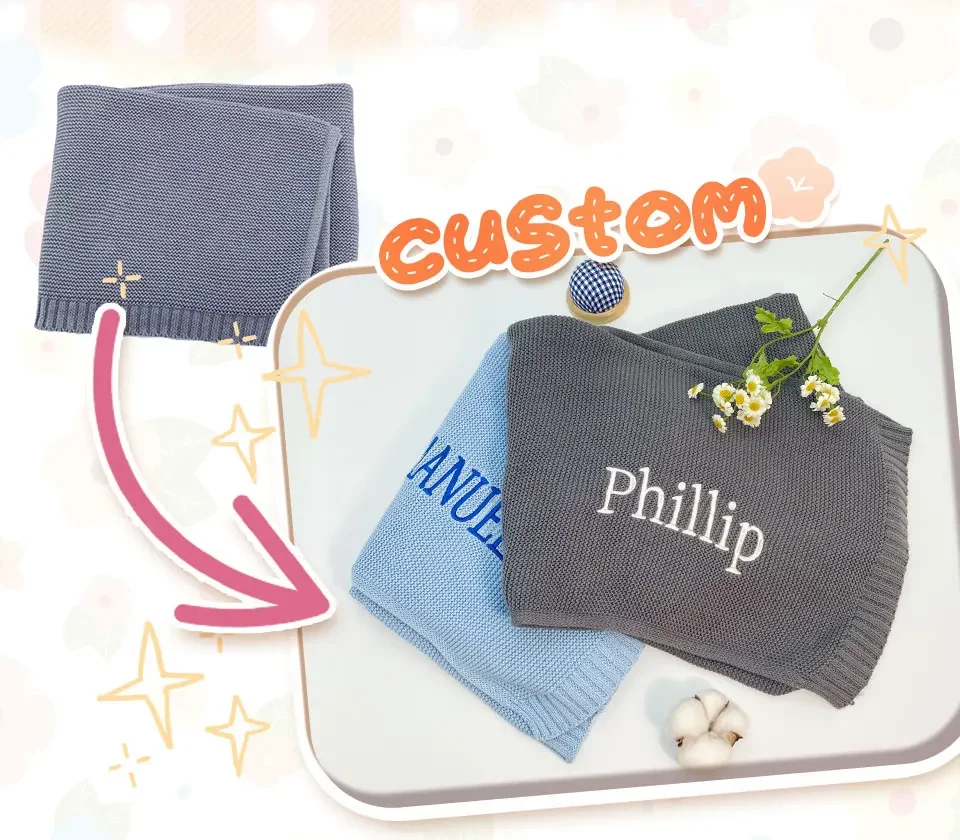 Personalized Embroidered Name Knitted Cotton Blanket Stroller Cover Kids Nap Blanket for Newborn Baby Shower Gift
