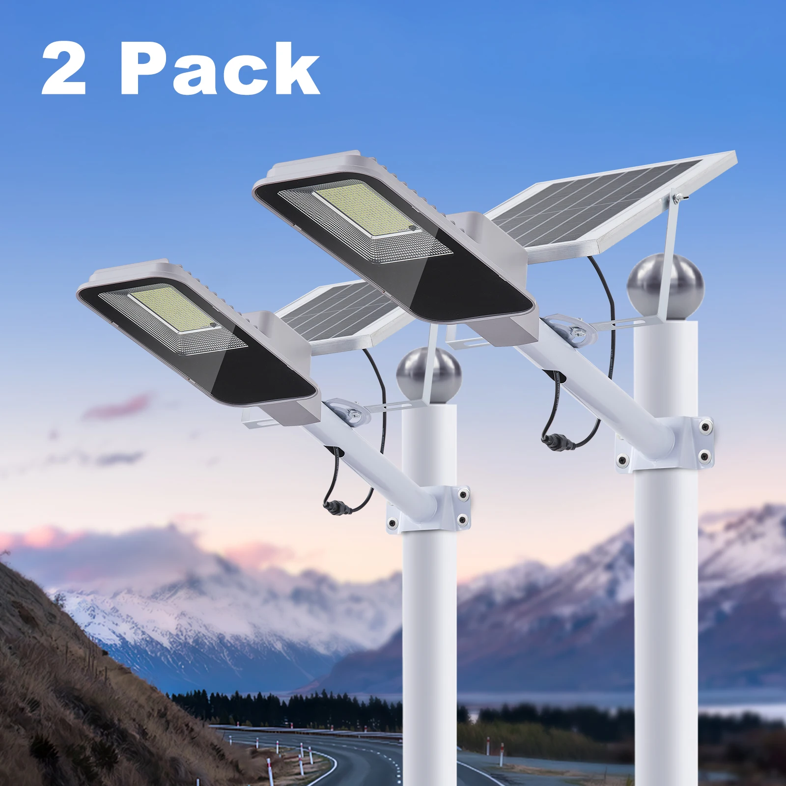 Lot de 2 lampadaires solaires LED, lampadaire solaire du crépuscule à l'aube, projecteur solaire LED lumineux 3000LM avec télécommande, éclairage de sécurité extérieur étanche pour allée, chemin, ferme, jardin, cour, route, parking