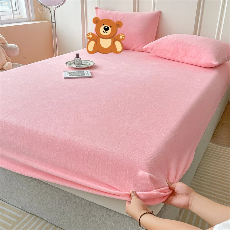 Plush Milk Velvet Fitted Sheet Luxury Super Soft Cozy Comfy Flannel Bottom Sheet with Deep Pocket Suitable for Fall Winter, Pink