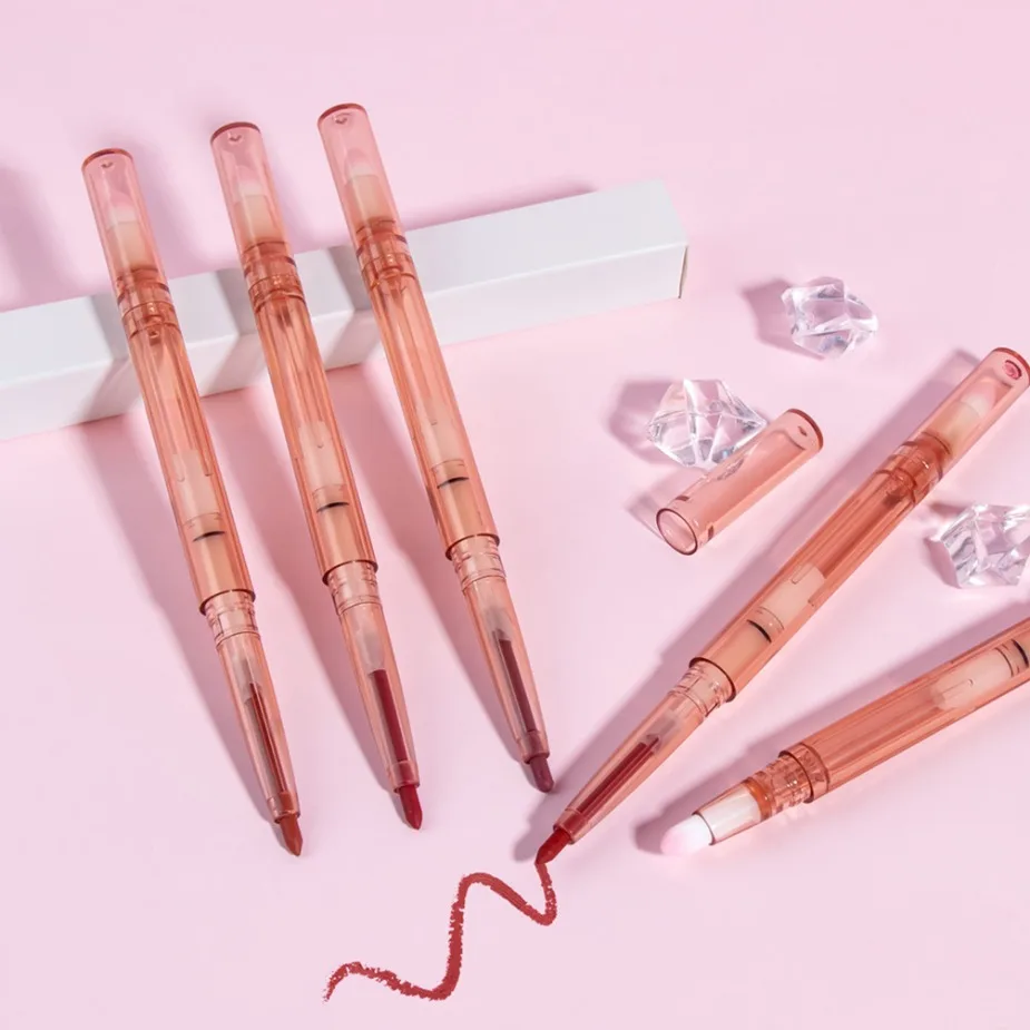 โลโก้ที่กําหนดเองหมุนอัตโนมัติสีแดง Lip Liner พร้อมแปรงดินสอแต่งหน้าลิปสติกติดทนนานดินสอกันน้ํา Moisturizing Lip