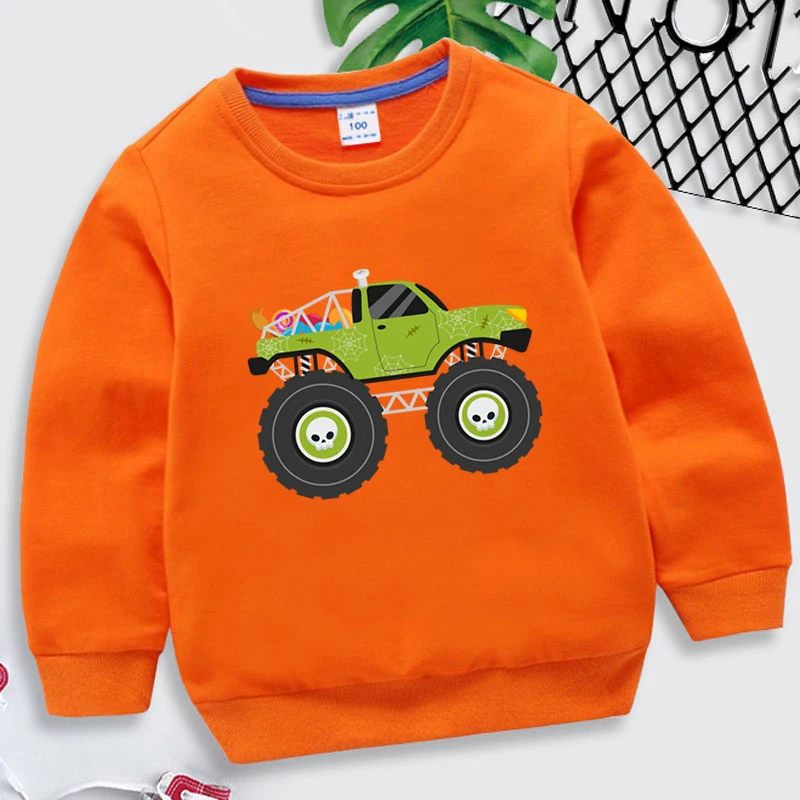 Spring Autumn Kids Halloween Monster Truck Sweatshirts Trendy Cartoon Style Tracksuit for Boys Girls Round Neck Halloween Hoodie