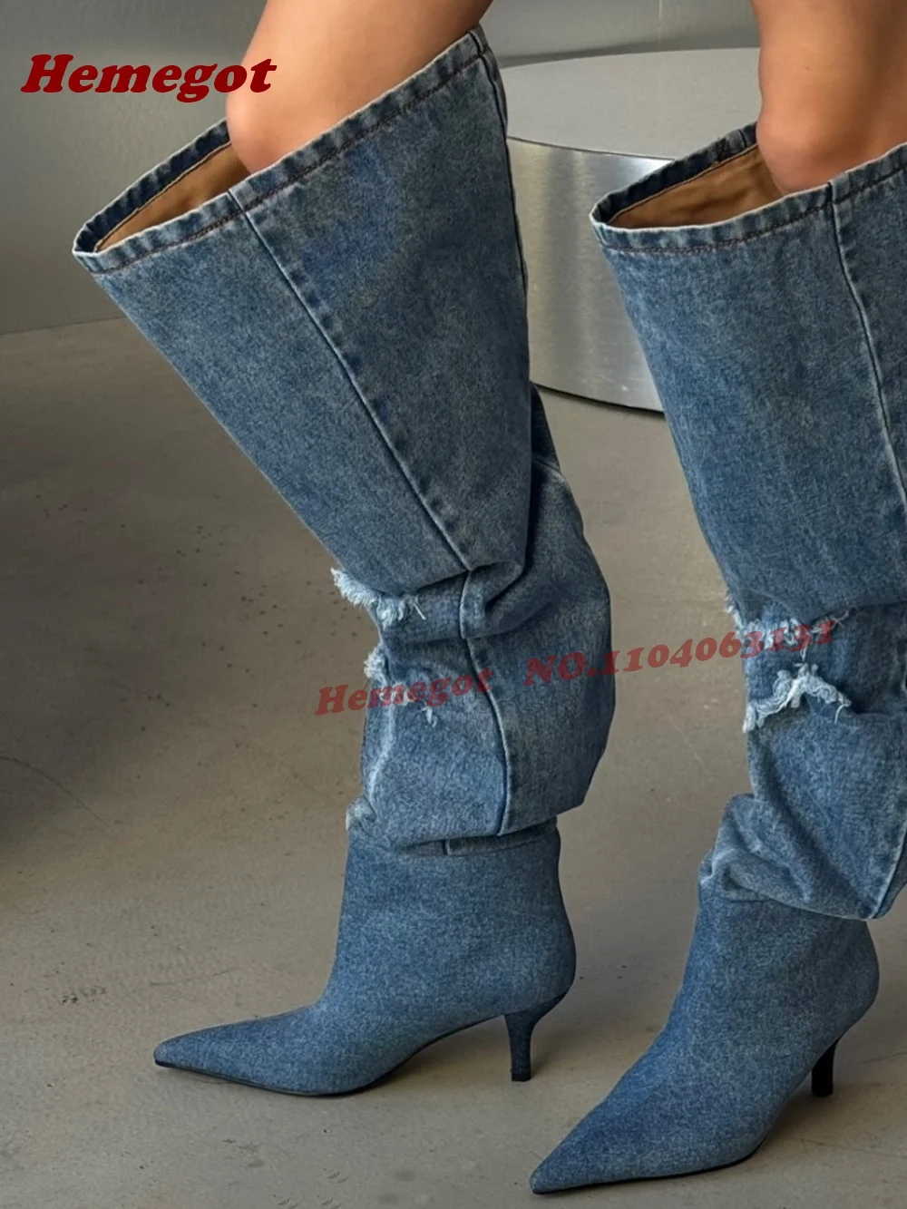 Denim Fringe Pleated Knee High Boots Pointed Toe Stiletto High Heels Women's Long Boots Winter Patchwork Casual Shoes 2026 New view 3