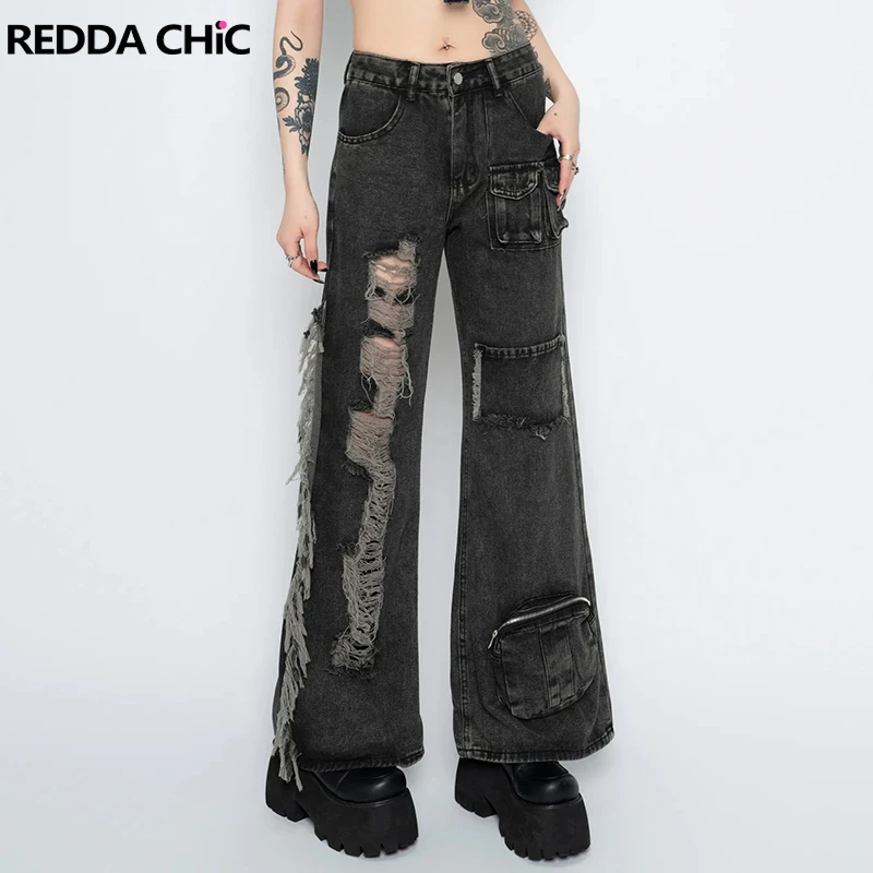 

ReddaChic Cargo Pockets Destroyed Women Flare Jeans Frayed Tassel Patchwork Ripped Wide Leg Denim Pants Punk Vintage Streetwear