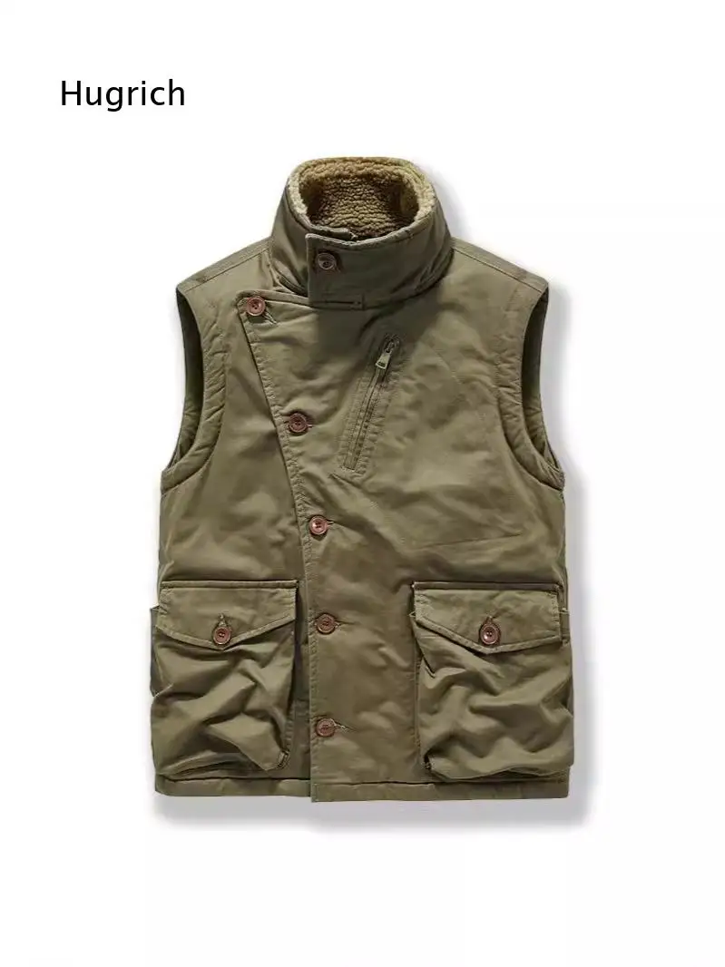 Mens Khaki Solid Sherpa Lined Cargo Sleeveless Gilet Stand Collar Button Zip Closure Autumn Winter Daily Wear Outer Waistcoat