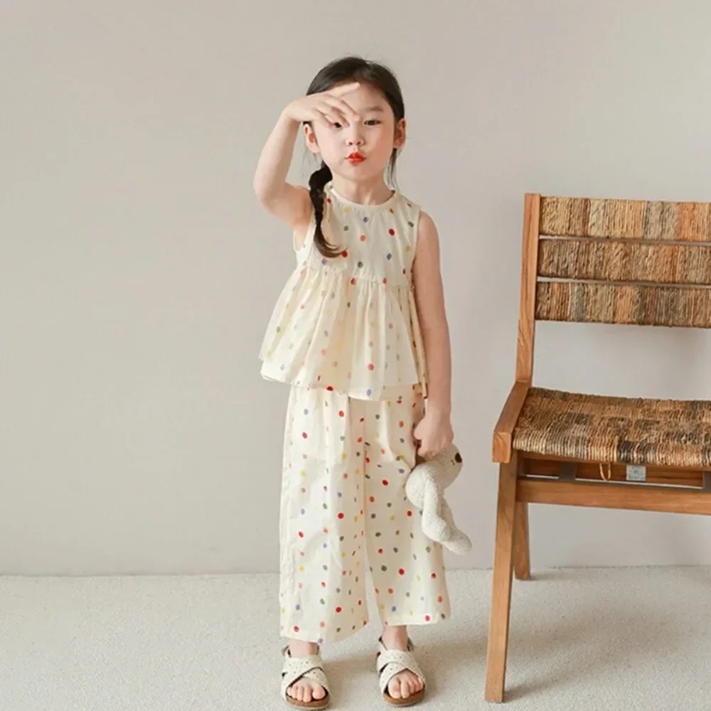 Summer Mesh Kids Sets Sleeveless Polka Dot Top + Wide Leg Pants 2 Pieces Suits Girls Clothing Casual Outfits 3-7 Y