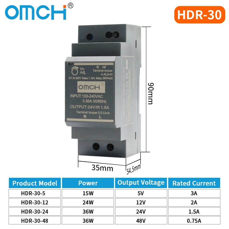 OMCH HDR-Serie DIN-Schienen-Schaltnetzteil HDR-15 100–240 VAC 15 W 30 W 60 W 100 W AC-zu-DC-Spannung 5 V 12 V 24 V 48 V 0–7,1 A SMPS