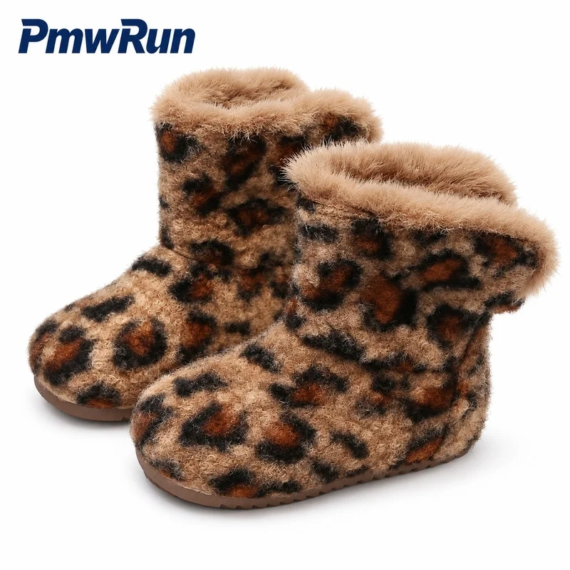Faux Fur Snow Boots For Children Thick Warm Girl's Padded Cotton Shoes Anti-slippery Calf Length Winter Plush Footwear