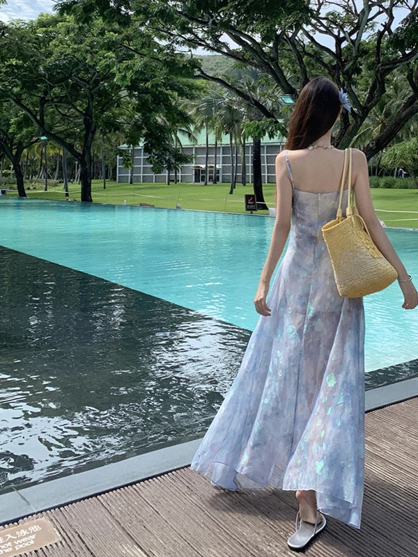 Beachy Island Sle ter Ne Floral Print Maxi Dr Women's Holiday Waist Cinched Gown Summer Soft Fabric A-Line Skirt