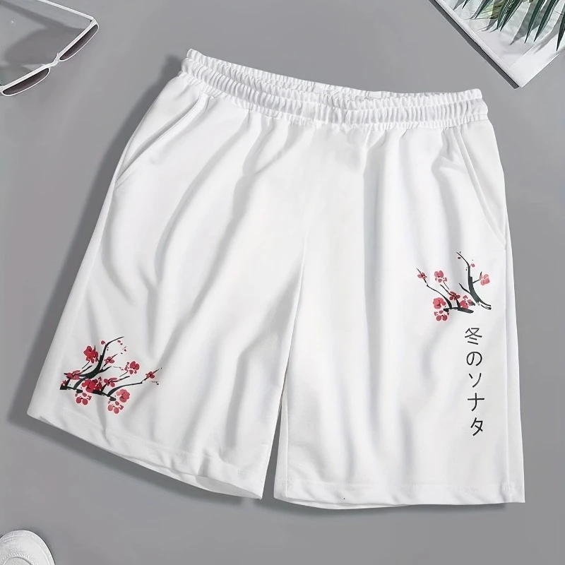

Men's Casual White Shorts Sakura and Japanese Drawstring Belt Comfortable Casual Wear Shorts Comfortable Fabric Shorts