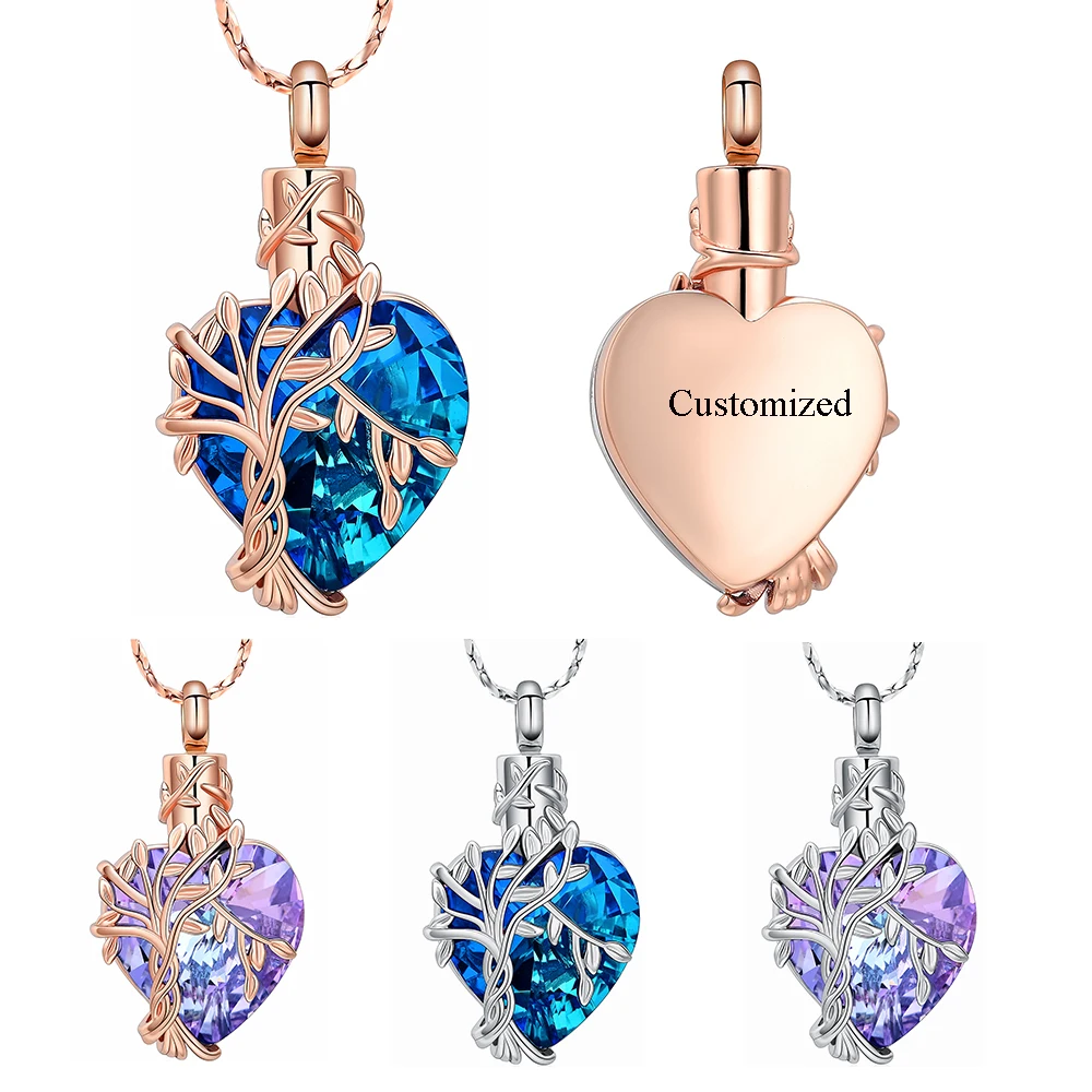 Urn Necklace With Gradient Crystal Pendant Heart Shape Carve Tree Openable&Customized Stainless Steel Ashes Holder Keepsake