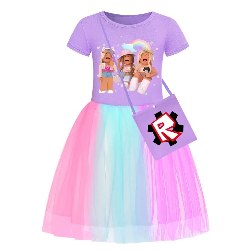 ROBLOX أزياء الفتيات فساتين الأميرة الوردي نجمة قوس قزح تنورة دانتيل تنحنح فساتين الحفلات لطيف + حقيبة لوازم ملابس الحفلات