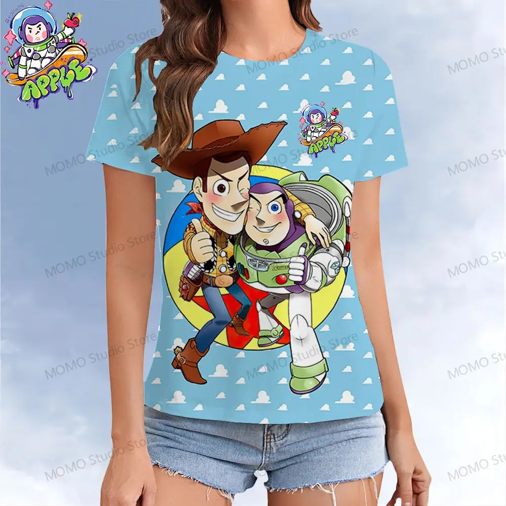 Buzz Lightyear Disney Toy Story Women's T-shirt Kawaii O Neck Y2k Woman Clothing T-shirts Street Wear Summer Short Sleeve 2024