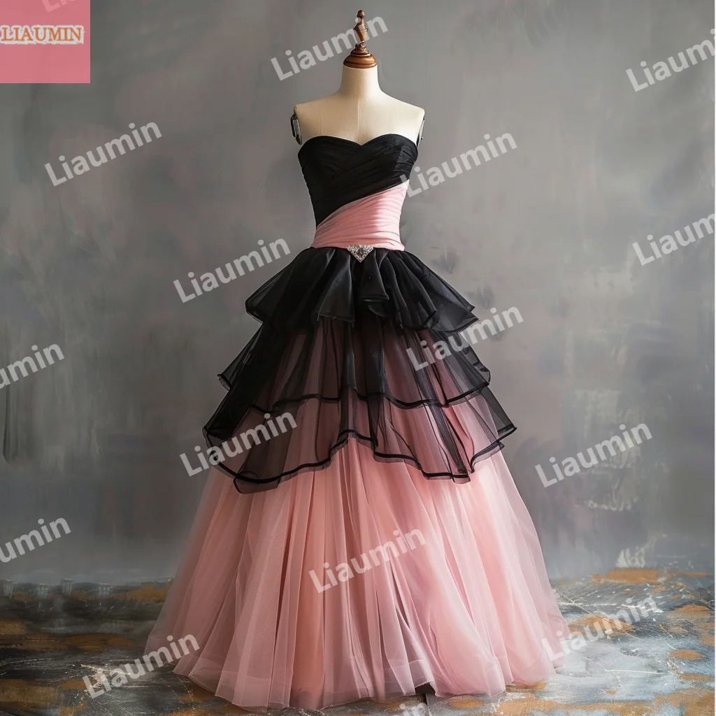 

Custom Pink Tulle And Black Pleat Lace Up Back Modern Style Tiered Prom Dress Floor Length Strapless Evening Formal W15-48.14