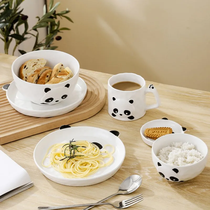 Japanese Embossed Panda Tableware Set Cute Cartoon Animal Bowls Plates Cups and Saucers for One Person To Eat Breakfast Plates