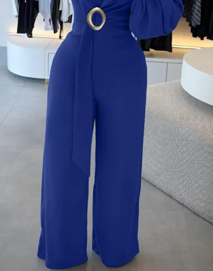 여성 롬퍼 메탈 링 장식 오버랩 V넥 랜턴 소매 지퍼 백 롱 점프수트 캐주얼 허리 조절 와이드 레그 점프수트