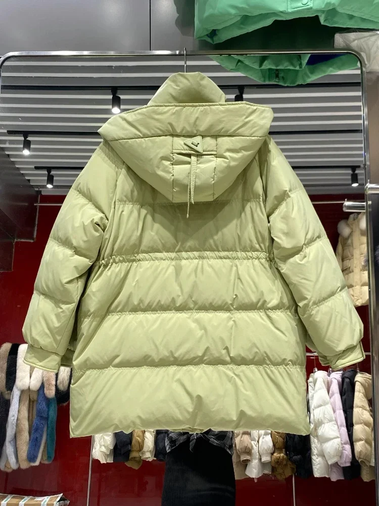 Thickened Extra Large Down Jacket Korean Chic Hooded Big Pocket Loose Oversized Mid-Length Waist 90 White Duck Puffer Coat Women