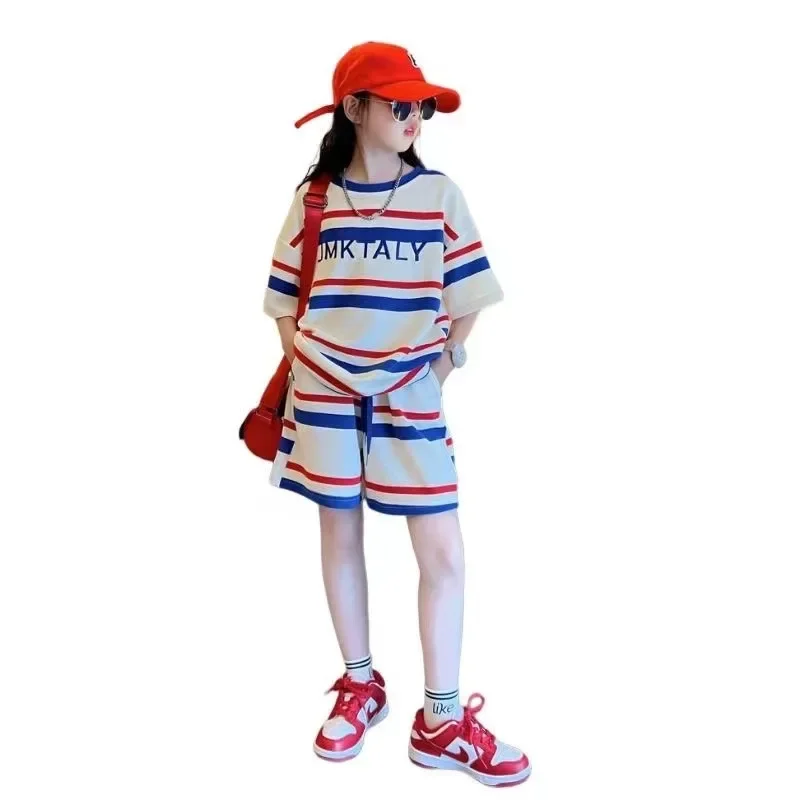 Girl Clothes Children\'s Top and Bottom Clothes Set Striped Suit Short Sleeve+ Loose Short Pant 2 piece Set for Casual Outer Wear