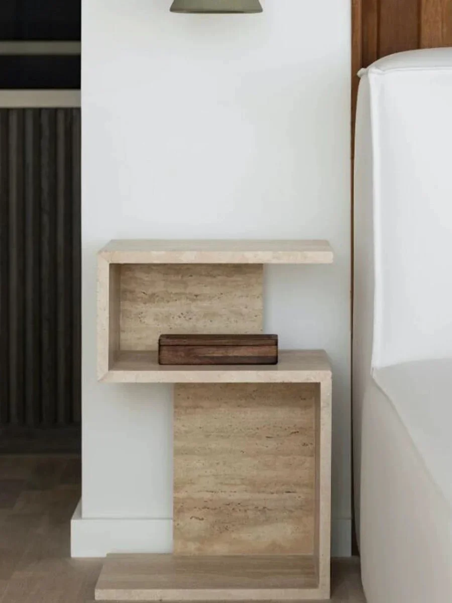 Nordic Light Luxury Natural Travertine Side Table, Wabi-Sabi Minimalist Storage End Table Sofa Bedside Accent Table Living Room