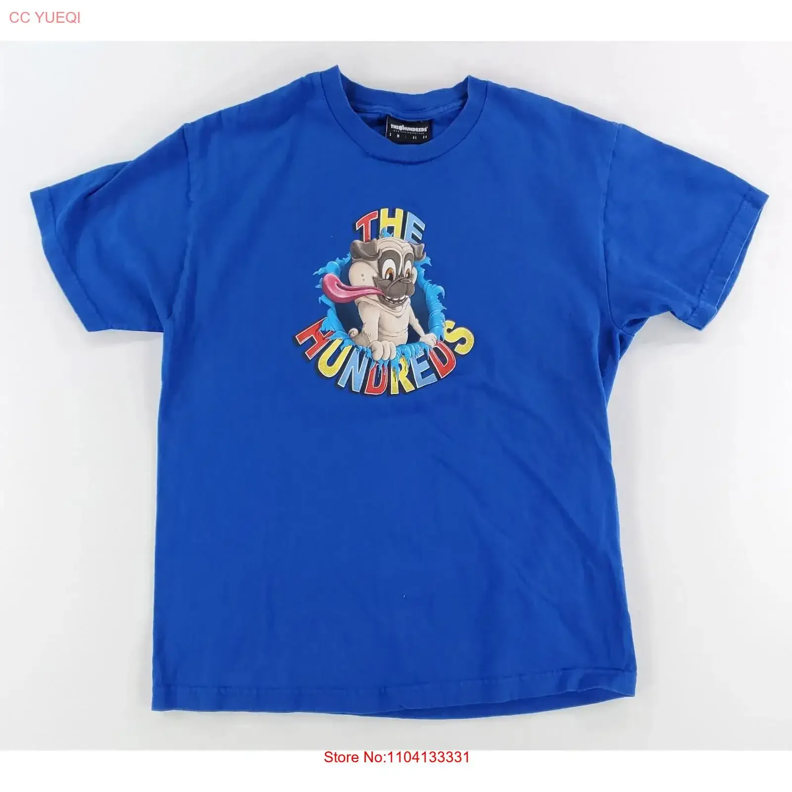 The Hundreds T Shirt Dog Pug Blue Spellout Mens L vintage Washed Stretched Stylish Unisex designer clothes streetwear homme
