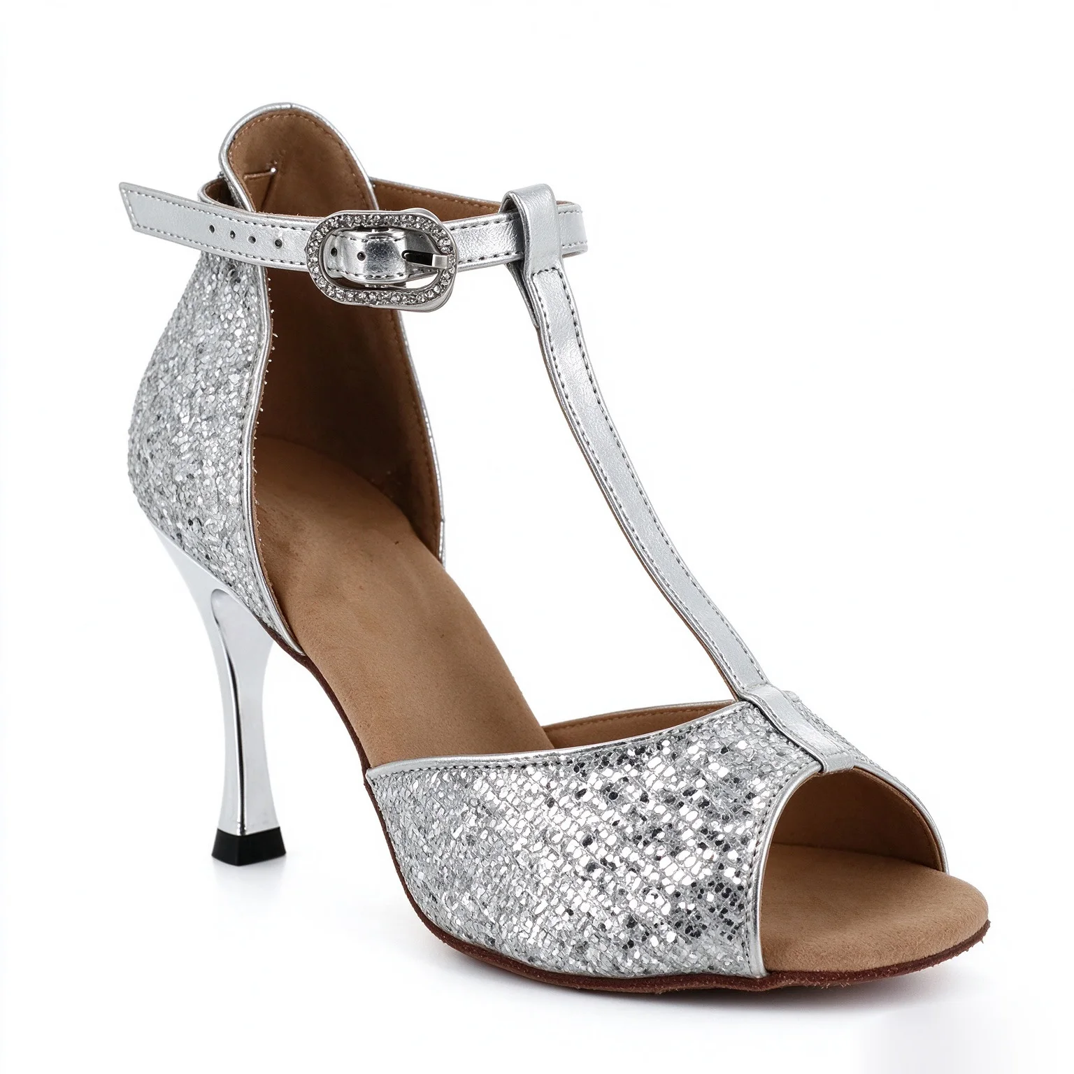 Evk Women's Latin Dance Sandals Silver Glitter Salsa Ballroom Tango Dance Shoes Girls Party Dancing Footwear 7cm Dance Heels