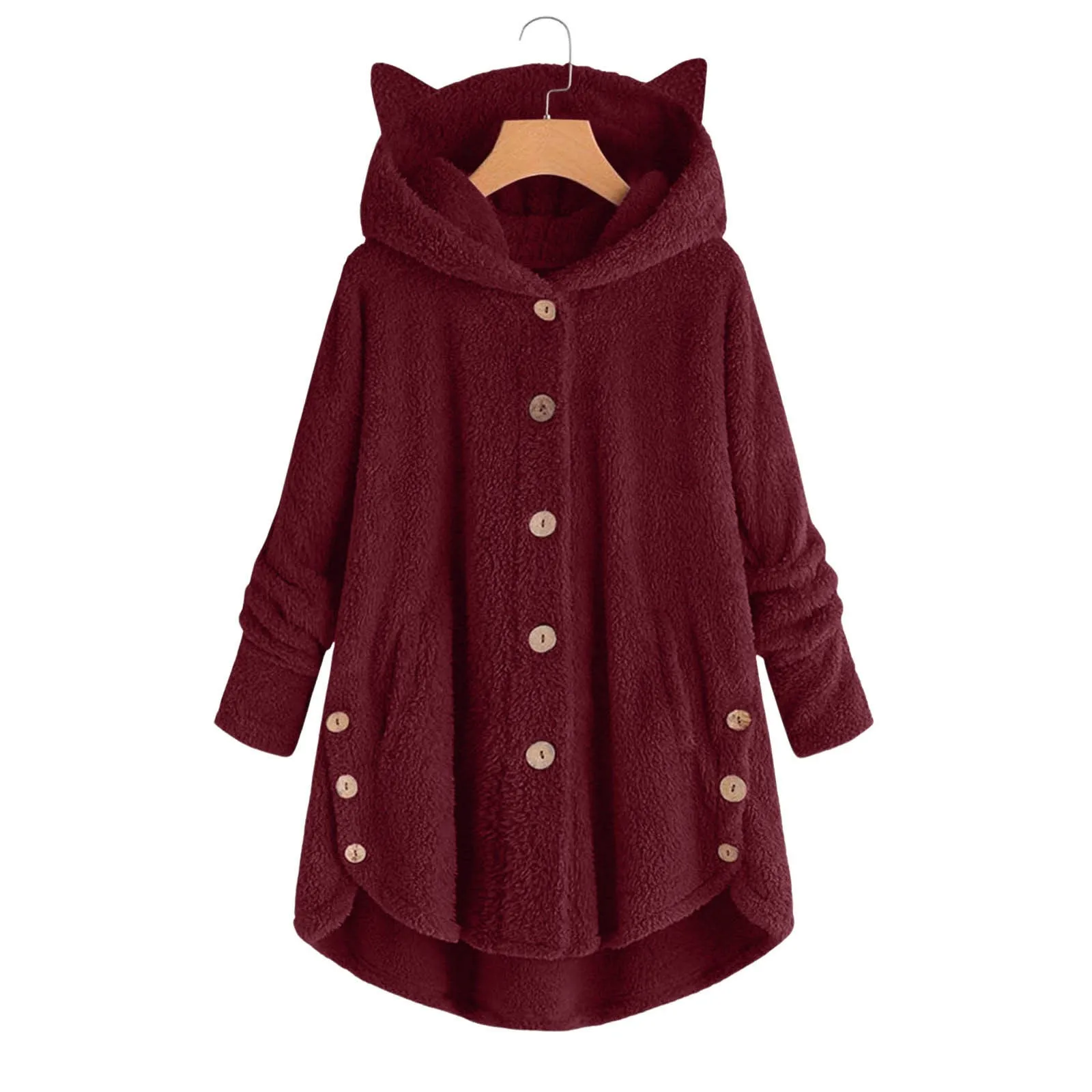 Kawaii Loose Sweatshirts Fluffy Long Pullovers Button Hooded Coat Women Autumn Winter Casual Fashion Warm Fleece Hoodies