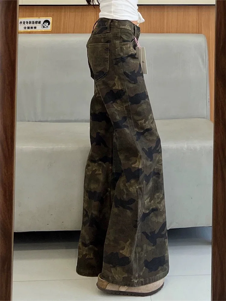 Y2K Low Rise Pants Women Camouflage Denim Micro Flare Retro Skinny Fit Non Stick Leg Bellbottom Summer Jeans