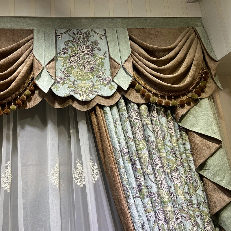 Custom Noble vintage luxury villa American Chenille jacquard thick blue cloth valance blackout curtain tulle drape C2029