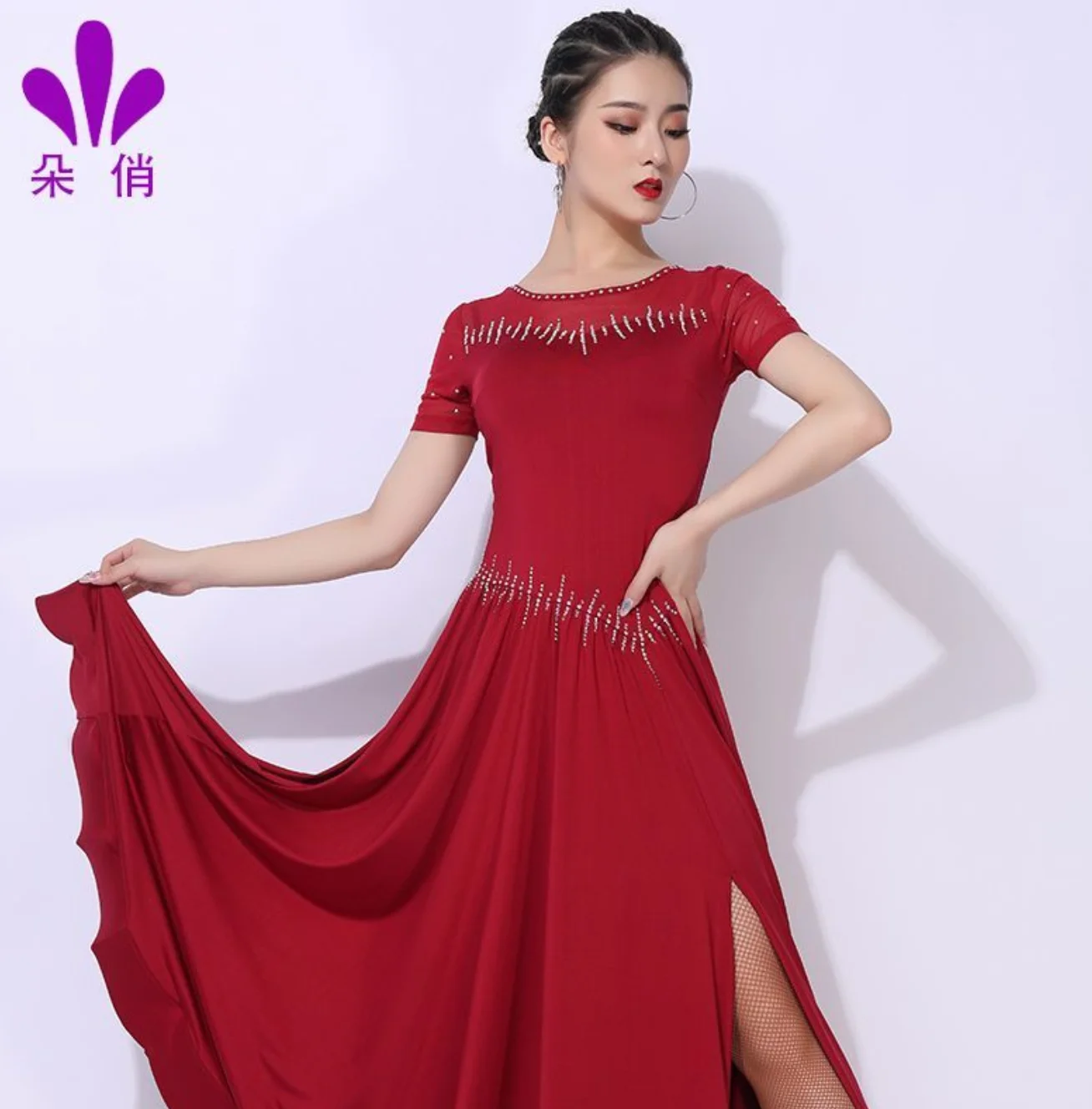 1pcs/lot woman fashion internation waltz dance long dress lady ballroom rhinestone side slite dress