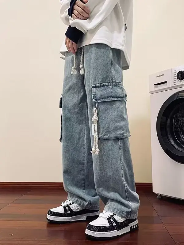 

Trendy Men's Workwear Denim Jeans High Street Wide Leg Loose Straight Cut Trousers Multi ket mid Waist Casual Jeans