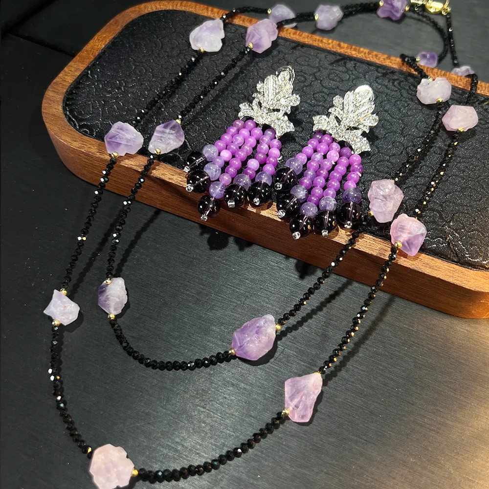 Antique Jewelry Amethyst Long Sweater Chain Cubic Zirconia Grape Tassel Earrings Charm Choker Necklace for Women Party Gift New