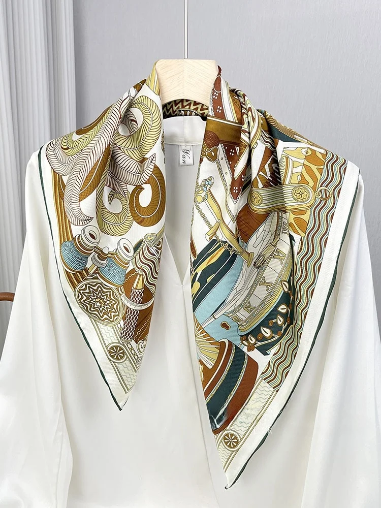 エレガントな女性用65cmシルクスカーフ、シャツ柄、ブリティッシュスタイル、粗ツイル、春秋用スクエアショール、保温性あり