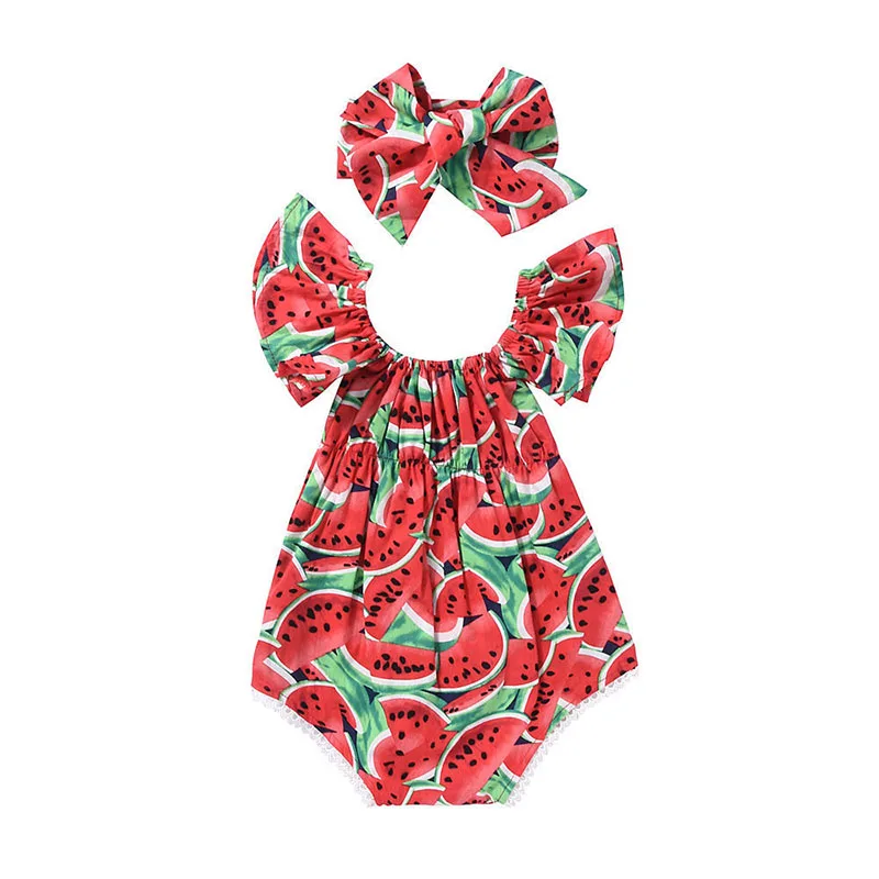 Kleinkind Neugeborenen Säugling niedlichen Baby Kleidung Mädchen Stram pler Wassermelone Bodysuit Stirnband Sonnen anzug Kinder kleidung Set 2St