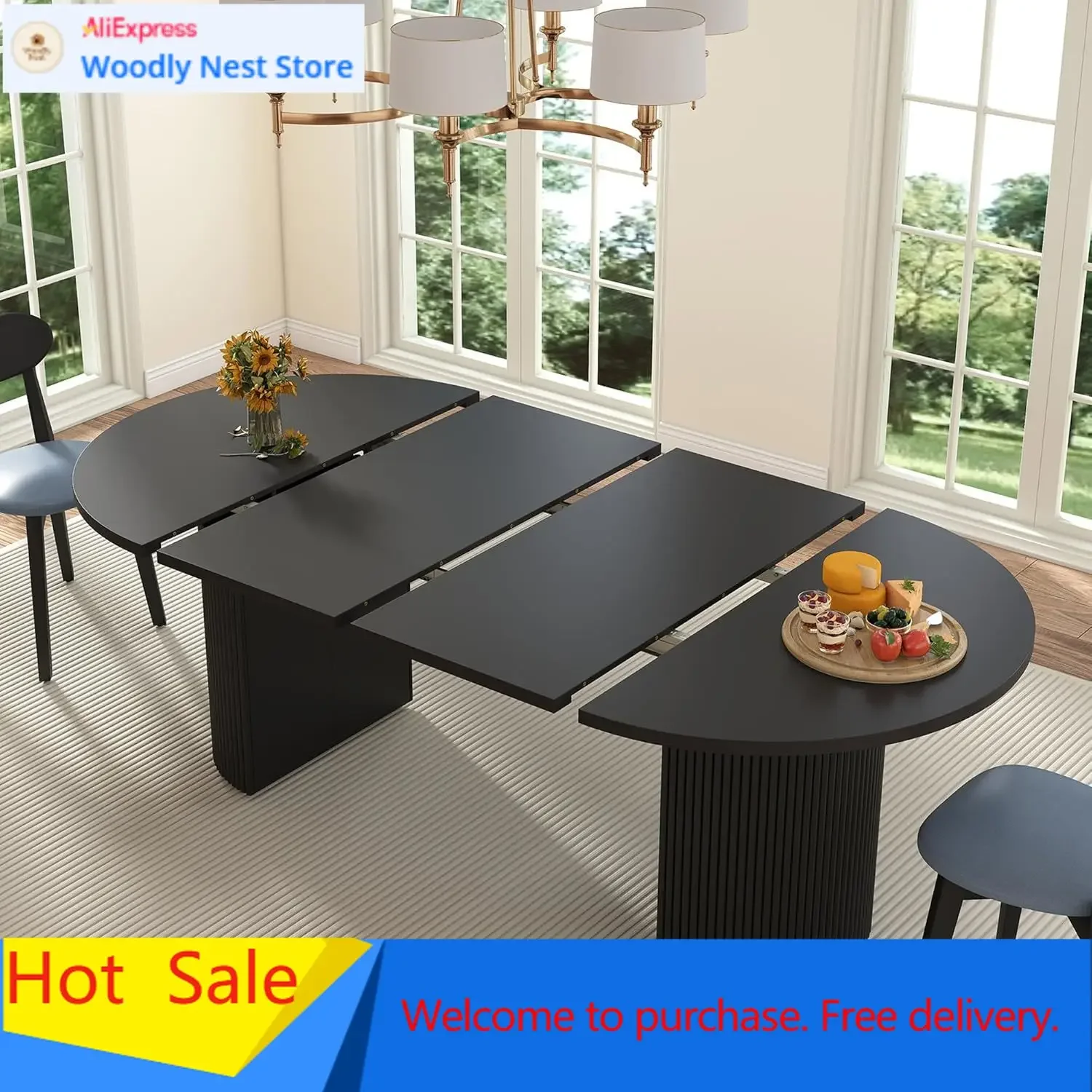 41 in-78 in Extendable Dining Room Table for 4-8, Round Expandable Kitchen Table with Fluted Base, Modern Oval Dinner Tables for