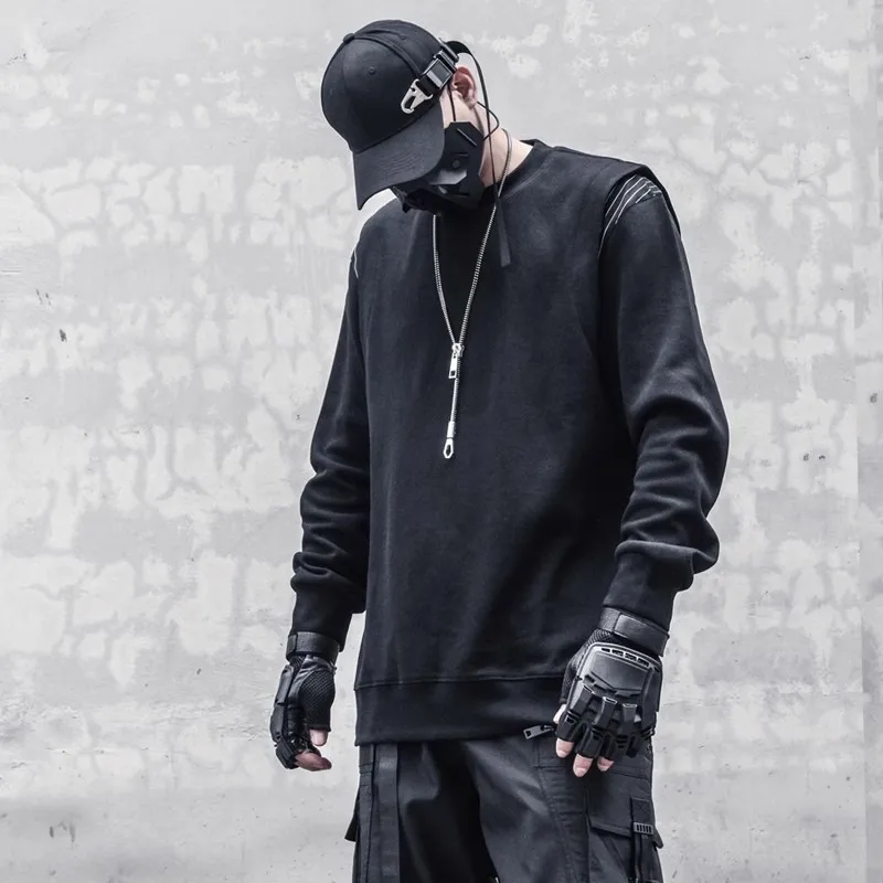 Hip Hop Fake two Piece Sweatshirts Men Autumn Black Dark Pullover Harajuku Streetwear Loose Long Sleeve Tops Cotton