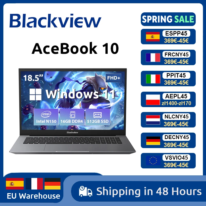 Blackview ACEBOOK 10 Computadora portátil 18,5" FHD 8000mAh Intel N150 Windows 11 16GB RAM 512GB BT5.2 WiFi 6 Notebook de escritorio