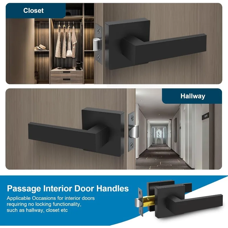 2025 Passage Door Lever Heavy Duty Square Interior Keyless Door Handles Non-Locking Door Knobs for Right & Left Side Door