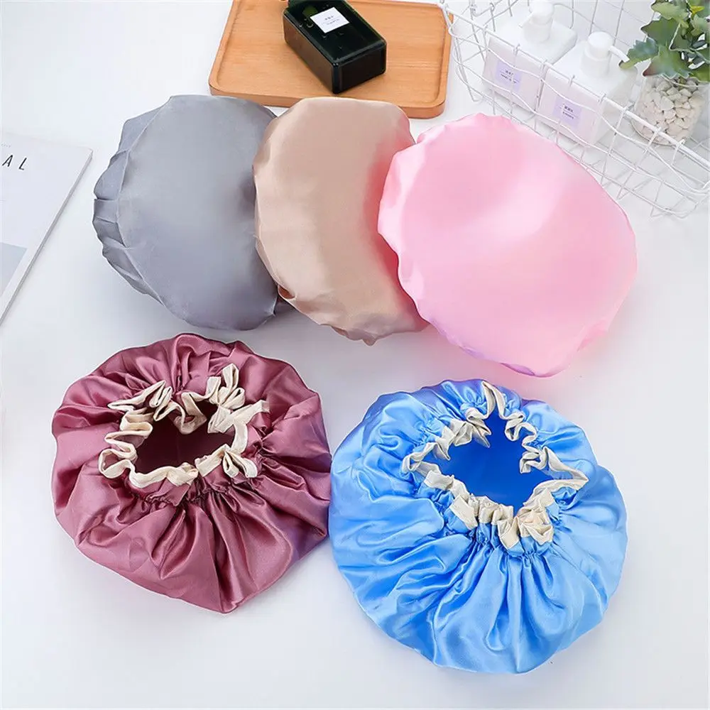 Waterproof Elastic Shower Cap Reusable Thickened Double-layer Bath Hat 5 Colors Women Head Hair Cover Sleep Cap Home Supply