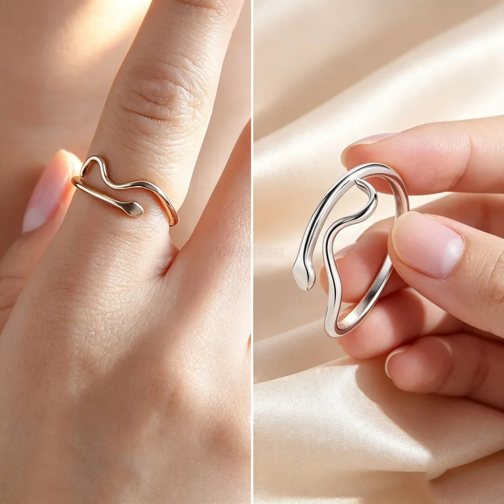 Snake Shape Open Ring Water Ripple Design Couple Finger Ring Fashion Daily Wear Jewelry