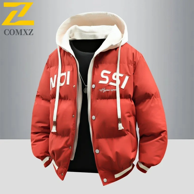 

COMXZ 2025 Mens Winter Hooded Thickened Puffer Cotton-Padded Jacket Loose Fashion Fit Youth Casual Color Block Heavyweight Coat