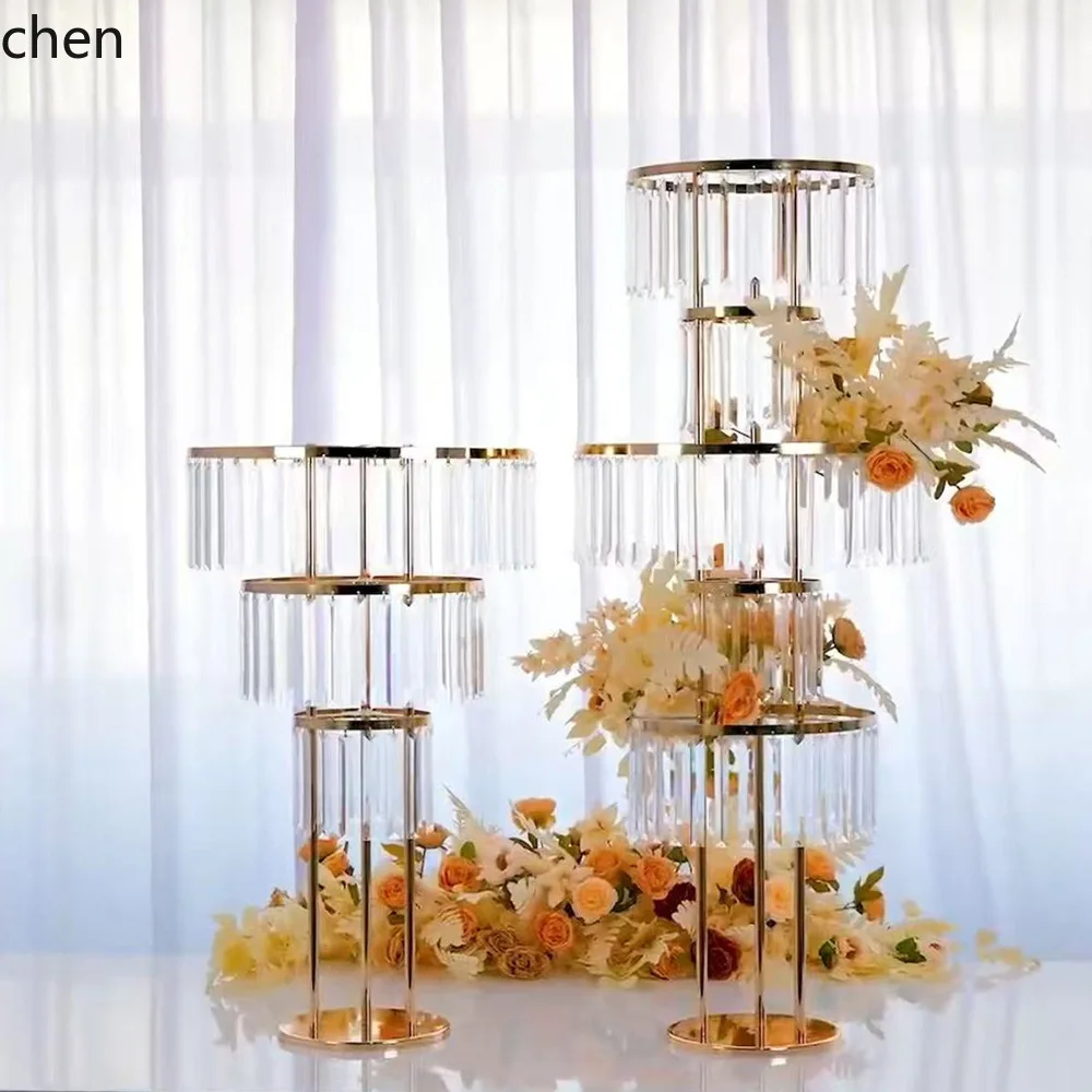 PYH Five-Layer Crystal Stand Cross-Border Hot  Light Luxury Main Table Decoration Electroplated Gold Flower Stand