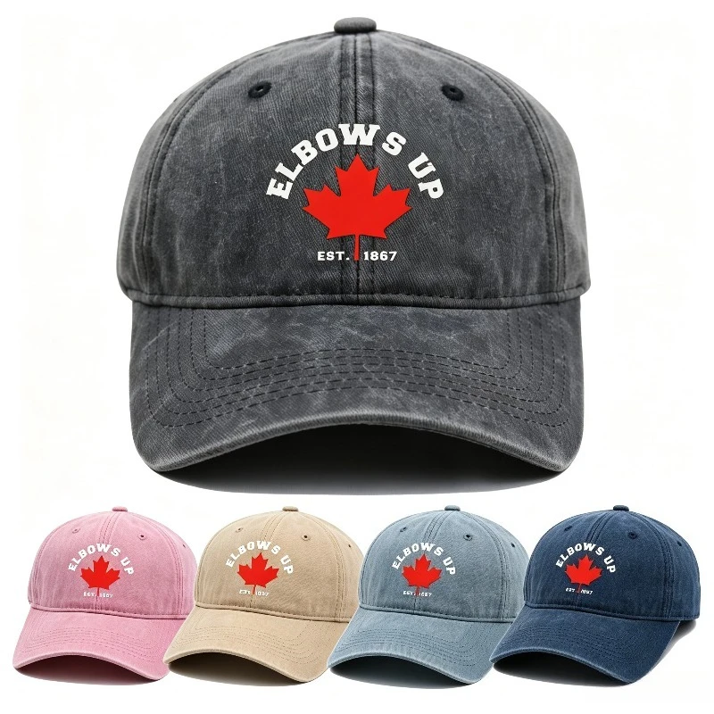 Vintage Washed Elbows Up EST1867 Maple Leaf Embroidery Baseball Cap Unisex Adjustable Curved Brim Dad Hat Casual Outdoor Sun Hat