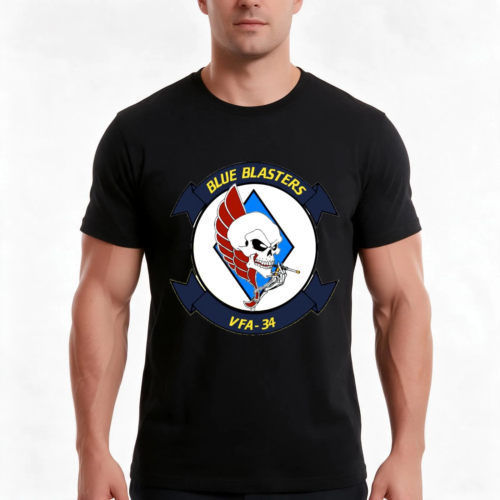 VFA-34 Blue Blasters Patch T-Shirt, Summer Casual Cotton Tee, Oversized Streetwear Tops, Vintage Graphic Print, Unisex Men Women