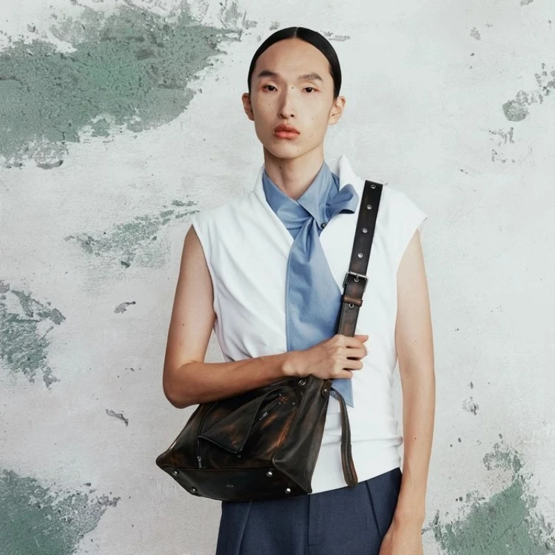 GROTTO 2025 Lapel Bag Smoked Wood Brown Retro Leather-Textured Large-Capacity Commuter Tote/Shoulder/Crossbody Bag